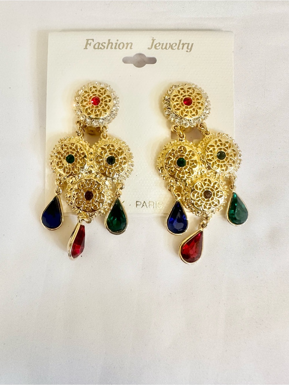 VTG Gold Plated Filigree Chandelier Earrings w/ Colorful Stones (Mod Weight)